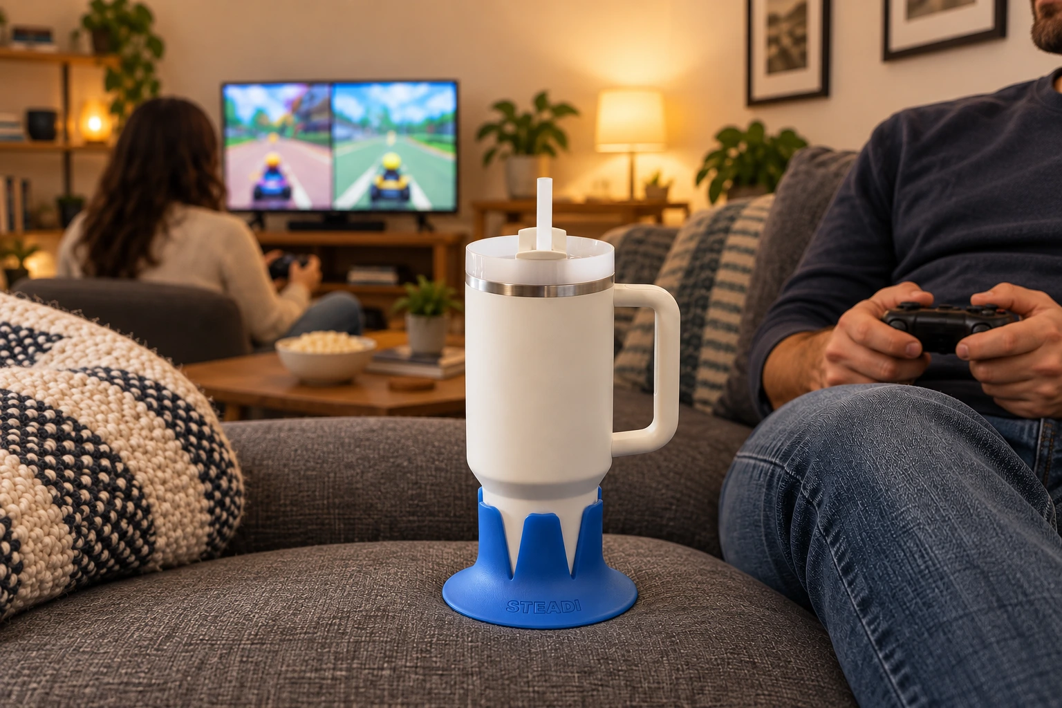 Compatible handled tumbler in a blue Steadi on a couch cushion beside someone playing a console game. AI lifestyle image.