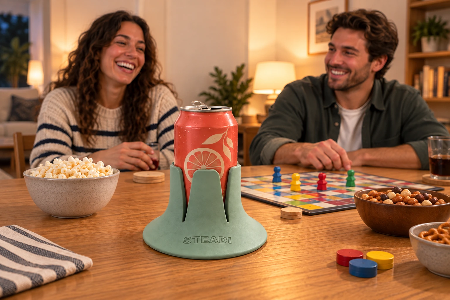 Opened can in a Sage Steadi beside a board game and friends at a wooden table. AI lifestyle image.