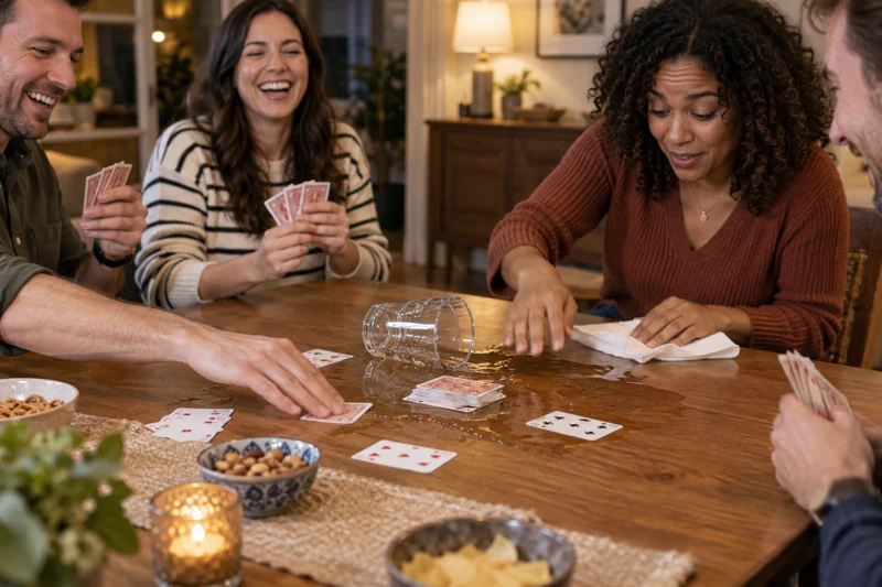 Reaching to slap down a card catches glass; water reaches shared draw pile. AI illustration.